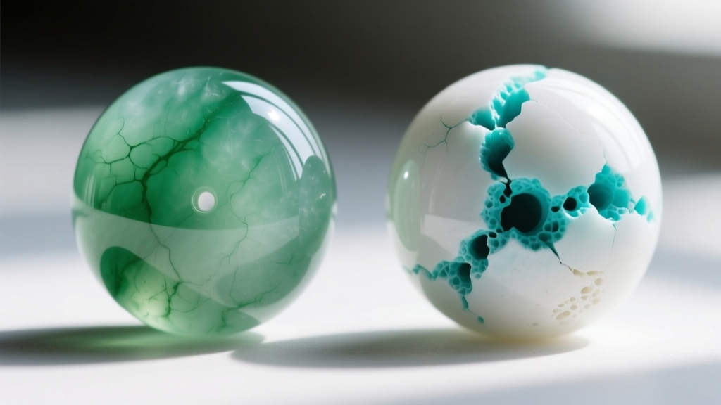 Macro comparison of genuine polished jade and dyed howlite imitation beads, showing concentrated dye pooling in the stone crevices