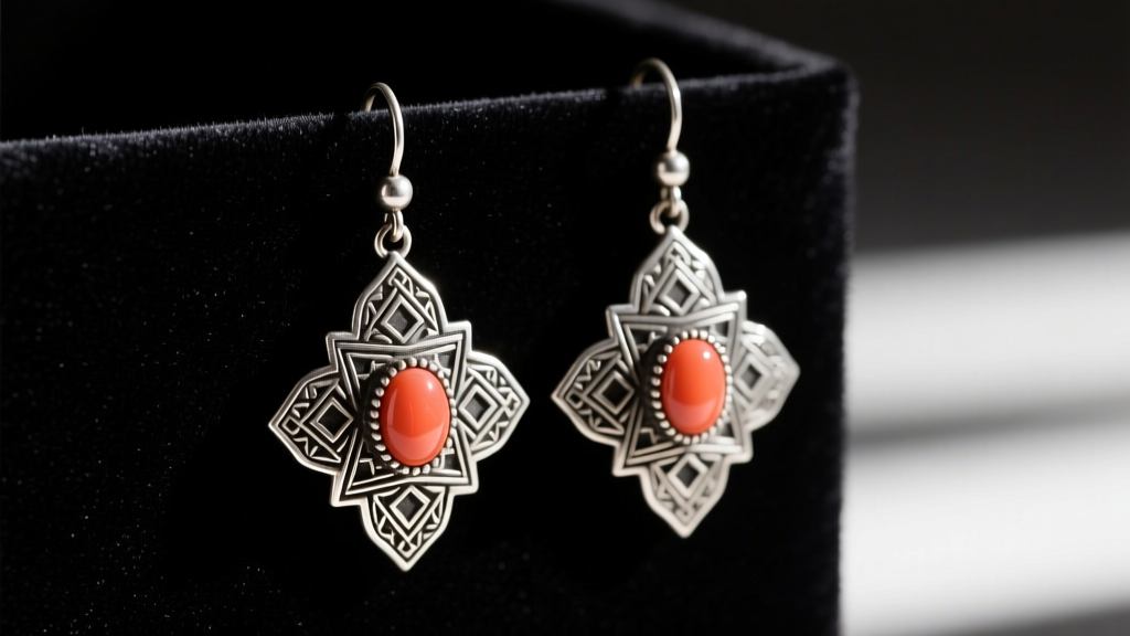 Close-up of vintage Moroccan Berber silver dangle earrings with oxidized niello inlay and coral cabochons on dark velvet fabric.