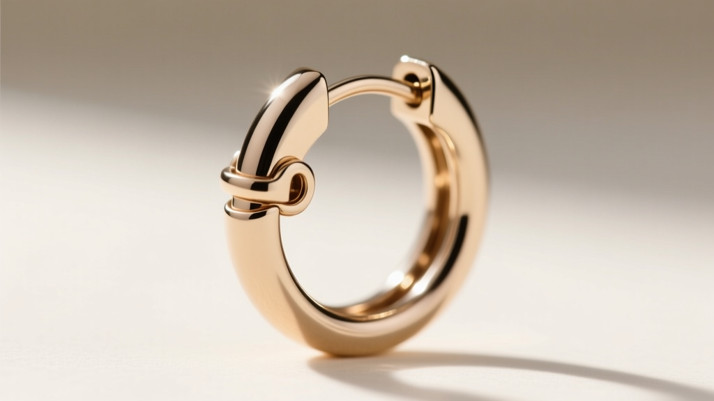 Macro shot of a hinged simple hoop earring clasp, highlighting the secure click-lock groove and polished 18-gauge wire thickness against soft light.