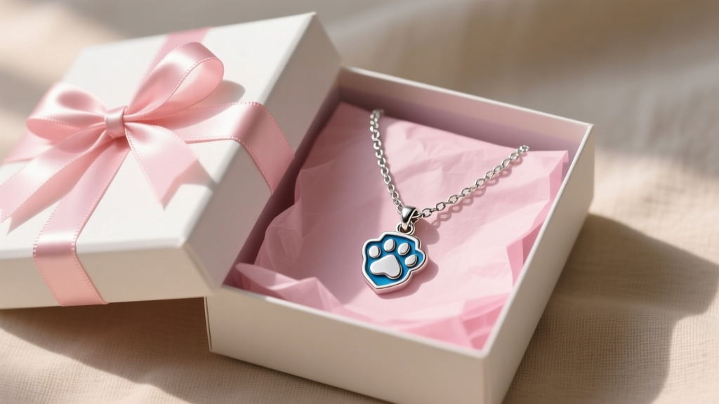 A beautifully wrapped birthday gift box open to reveal a sterling silver Paw Patrol Skye pendant necklace resting on pink tissue.