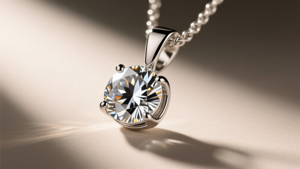 Close-up macro shot of a 950 platinum betrothal necklace pendant showcasing a brilliant-cut moissanite stone catching warm light.