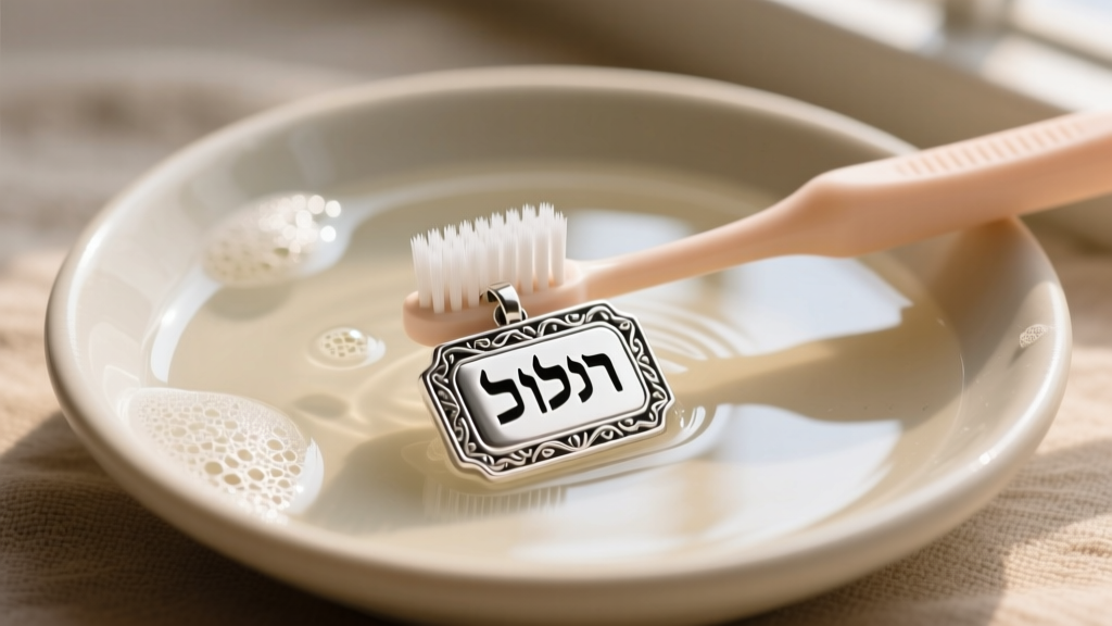 Soft baby toothbrush gently scrubbing the grooves of a sterling silver Hebrew nameplate pendant submerged in warm soapy water.