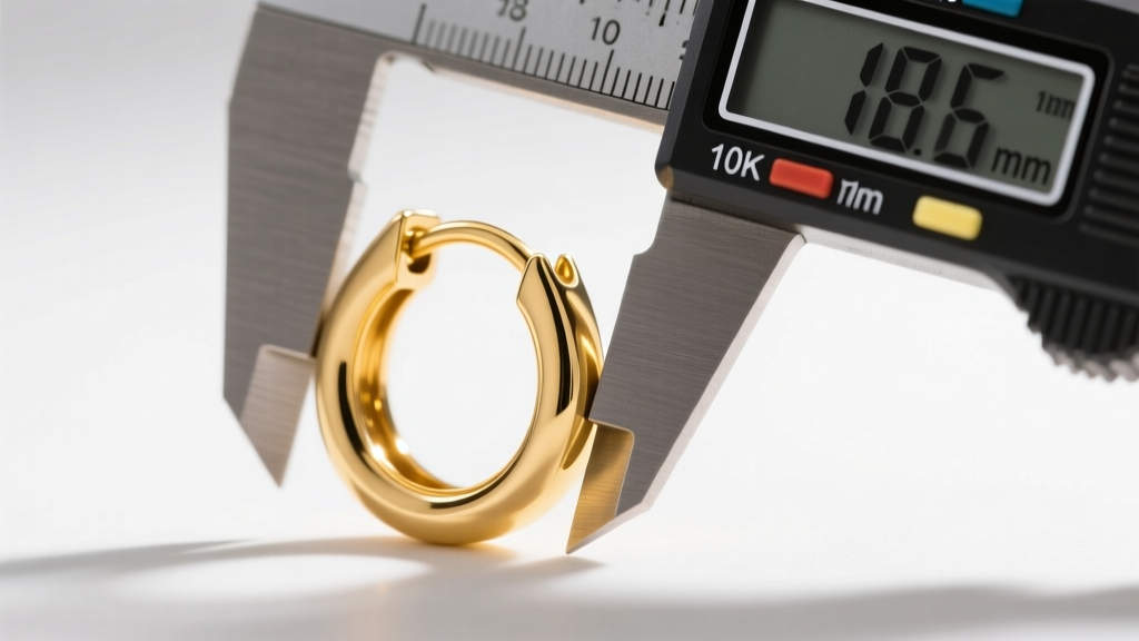 Macro shot of a digital caliper measuring the exact 10mm inner diameter of an 18-karat yellow gold hinged huggie hoop earring