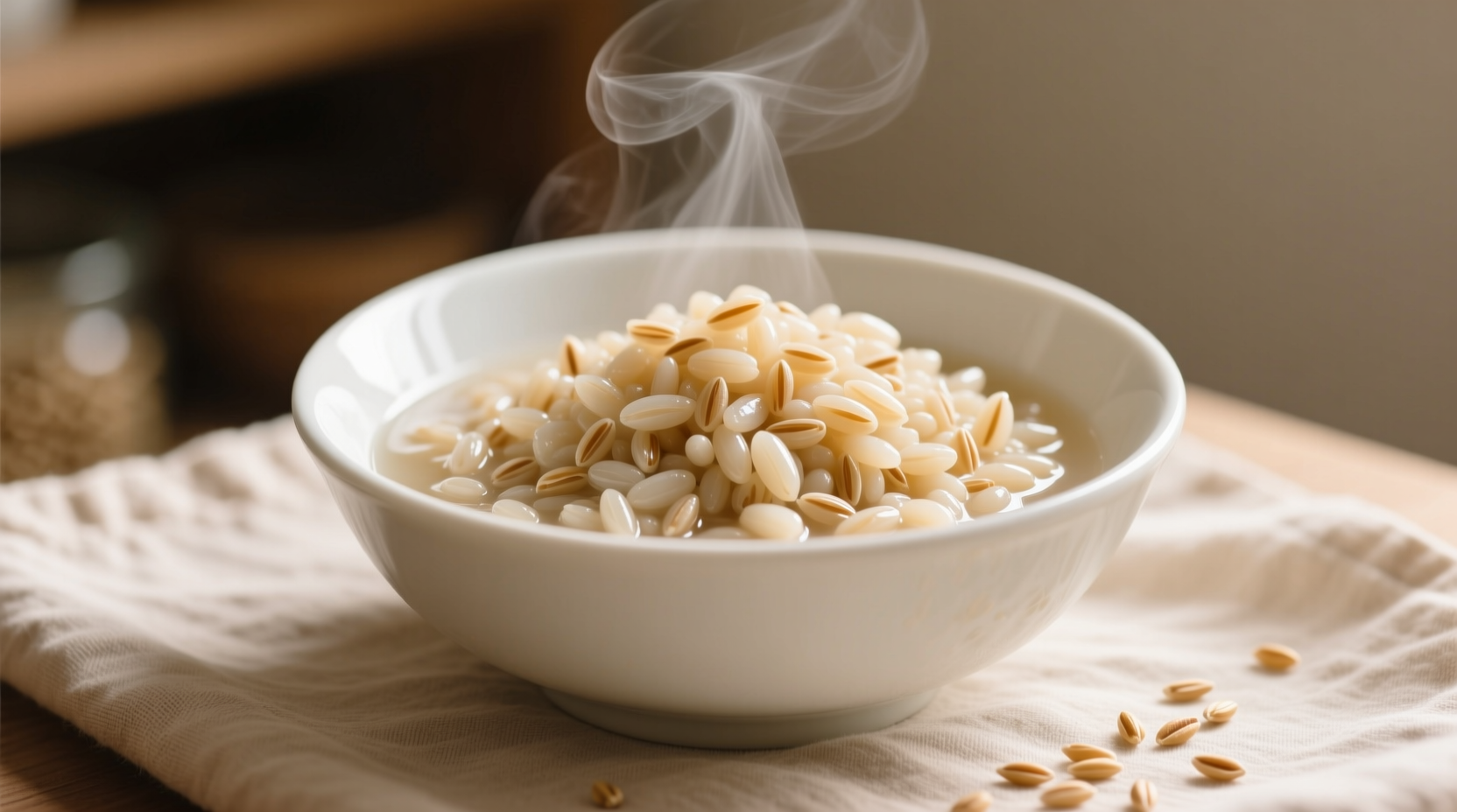 Perfectly cooked pearled barley in a white bowl