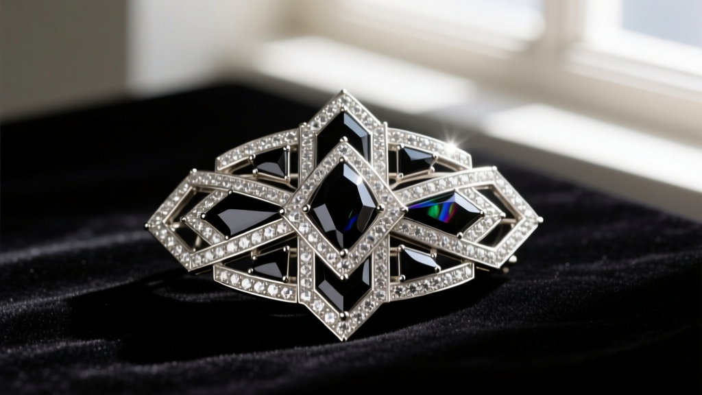 Macro photography of an authentic 1920s Art Deco platinum diamond brooch with geometric onyx inlays resting on dark velvet.