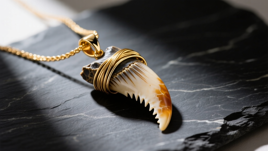 Fossilized mako shark tooth pendant wrapped in 18k gold vermeil wire, resting on dark slate with soft directional lighting.