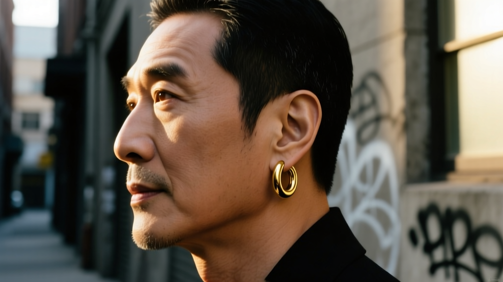 Side profile of a man wearing a single 10mm seamless gold huggie hoop on his right ear helix, cinematic street style lighting