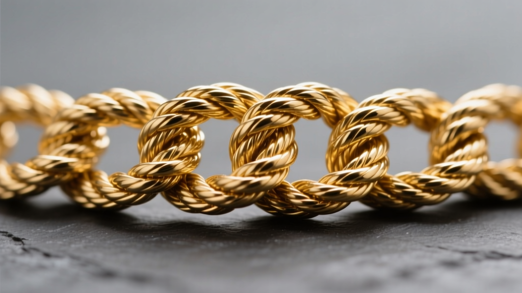 Macro photography of a tangled 18k gold rope chain with complex knots, illuminated by directional studio lighting on slate