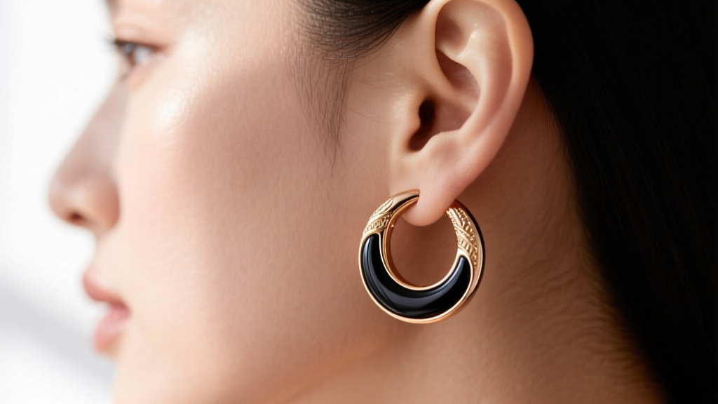 Close profile of a womans ear wearing a 14k rose gold huggie hoop with polished black onyx inlay captured in soft natural light