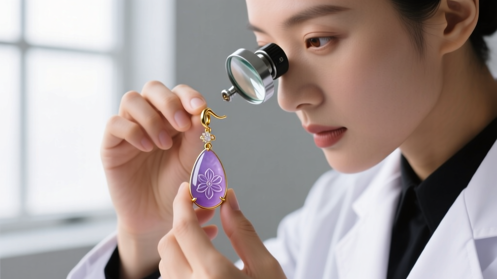 Jeweler using a loupe to inspect the prong setting of a 14k gold and carved lavender jade dangle earring for structural integrity