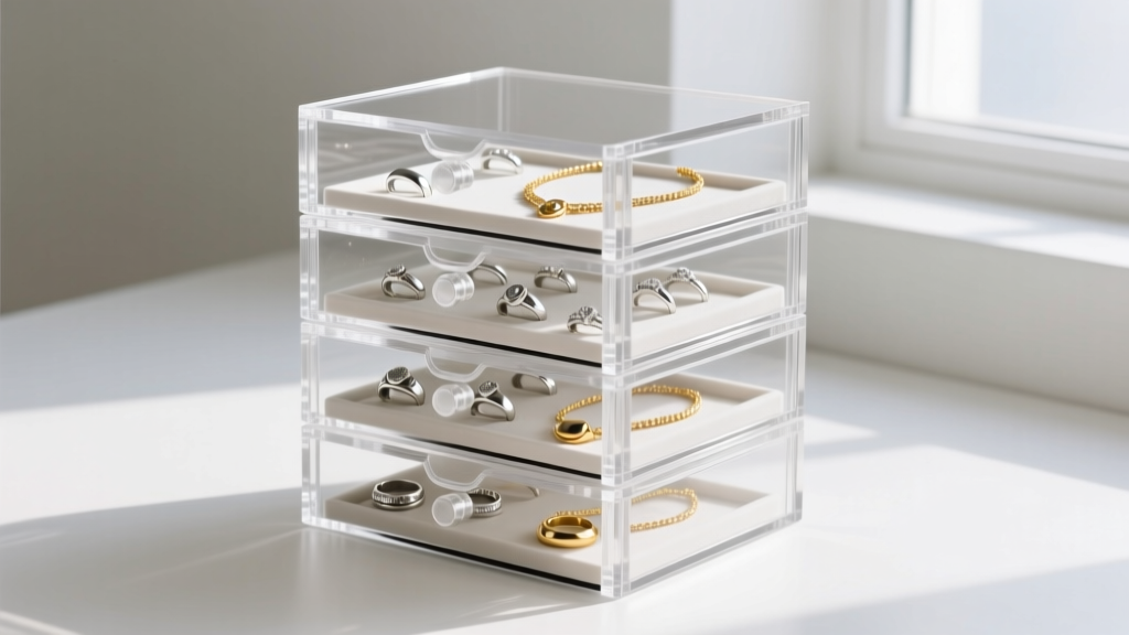 Stackable clear cast acrylic jewelry drawers with 4mm thick walls, displaying silver rings and gold necklaces without tarnish.