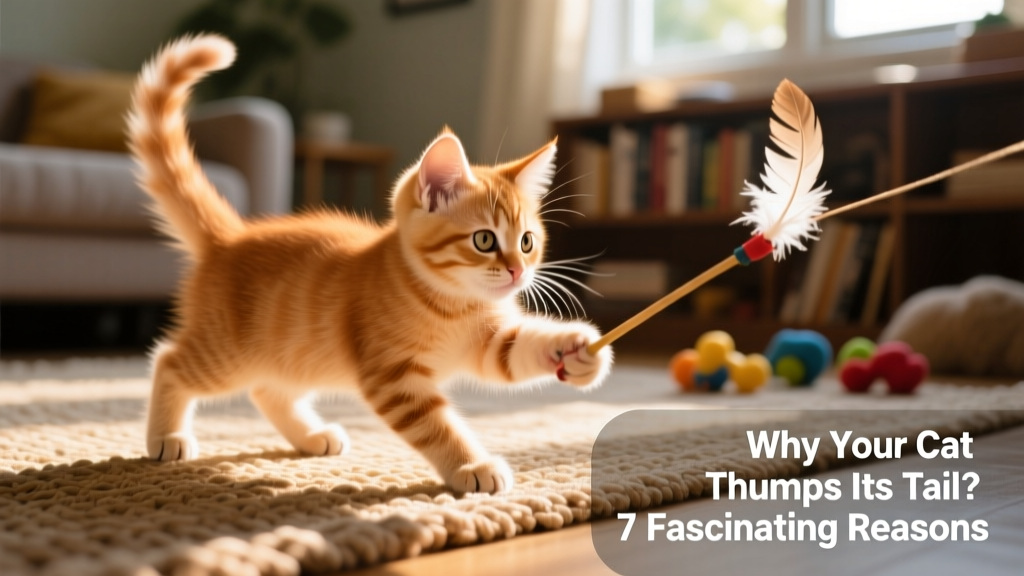 Kitten mid-play, tail thumping rapidly as it stalks a feather wand toy