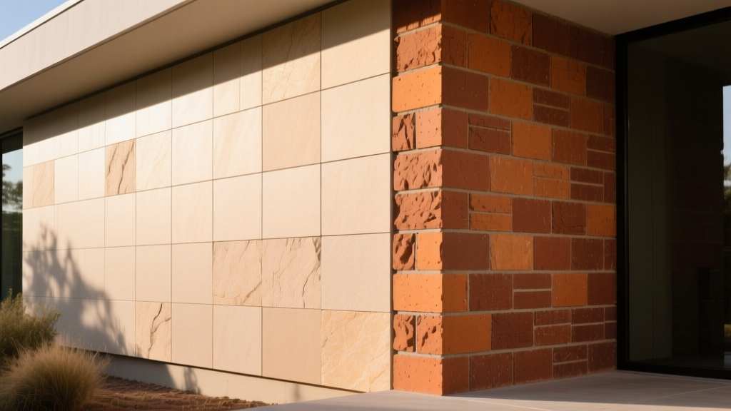 Thin veneer stone panels on a modern exterior wall contrasting with thick full-bed masonry corner pieces in warm earth tones.