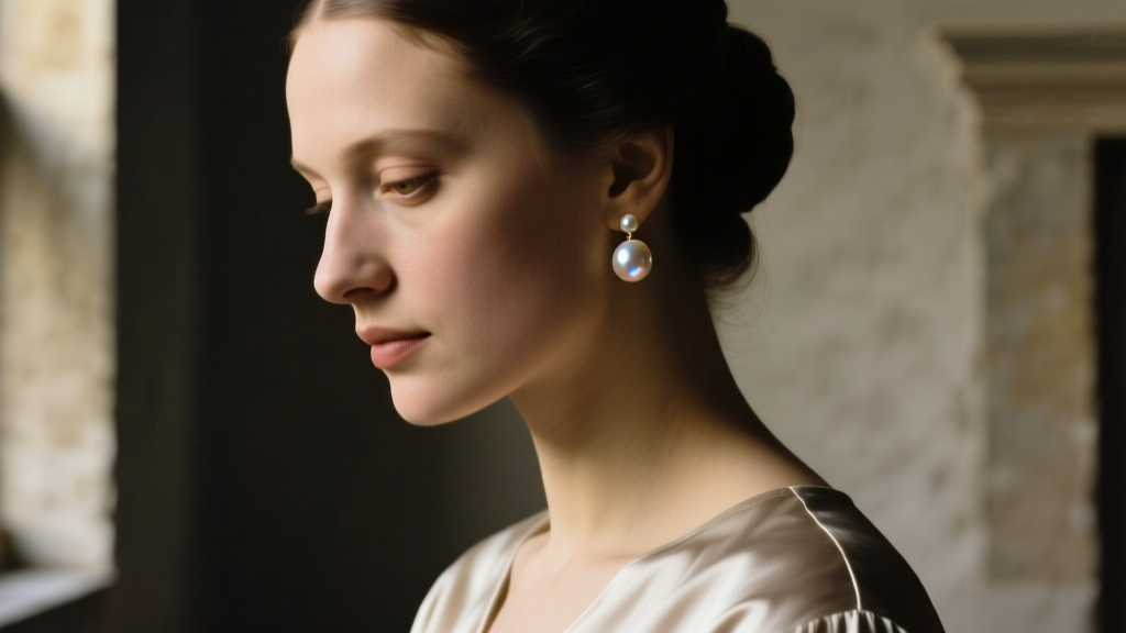 Side profile of a woman wearing a 14mm pearl drop earring, lit by soft window light to mimic a classic Dutch master painting.