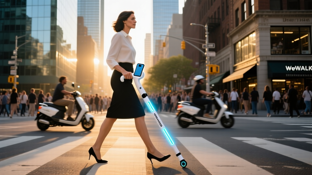 Woman walking through a busy city crosswalk using a white WeWALK smart cane with integrated glowing LED sensors and smartphone mount