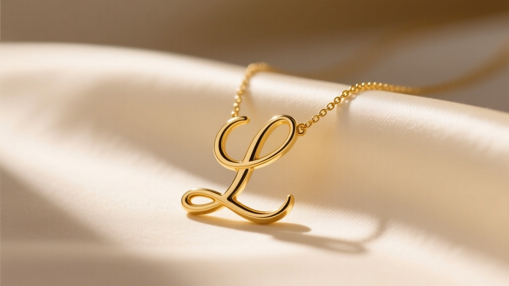 Close-up of a 14k yellow gold cursive L necklace on cream silk, soft morning light highlighting the delicate sweeping lower loop.
