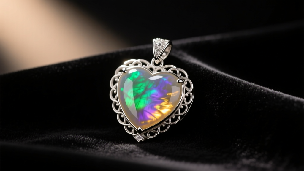 Glowing rainbow moonstone heart pendant in sterling silver resting on dark velvet cloth under warm, soft directional lighting