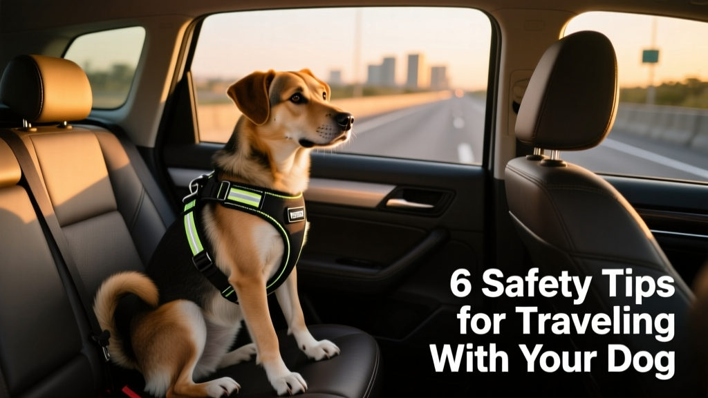 A calm, medium-sized dog wearing a crash-tested harness, sitting securely in the backseat of a car