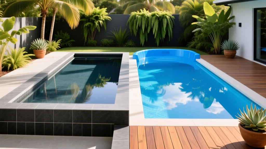 Split-view backyard showing a sleek dark-bottom gunite concrete pool on the left and a bright blue fiberglass pool shell on the right