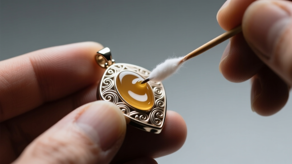 Close-up of a jeweler applying microcrystalline wax to a zinc alloy pendant using a cotton swab under bright studio lighting