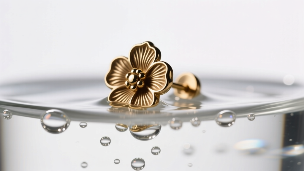 Soft brush cleaning intricate grooves of a brass clove earring submerged in a mild, bubbly ultrasonic jewelry cleaning bath.