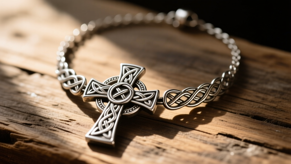 Antique oxidized sterling silver Celtic cross necklace with knotwork, displayed on weathered wood in warm natural sunlight