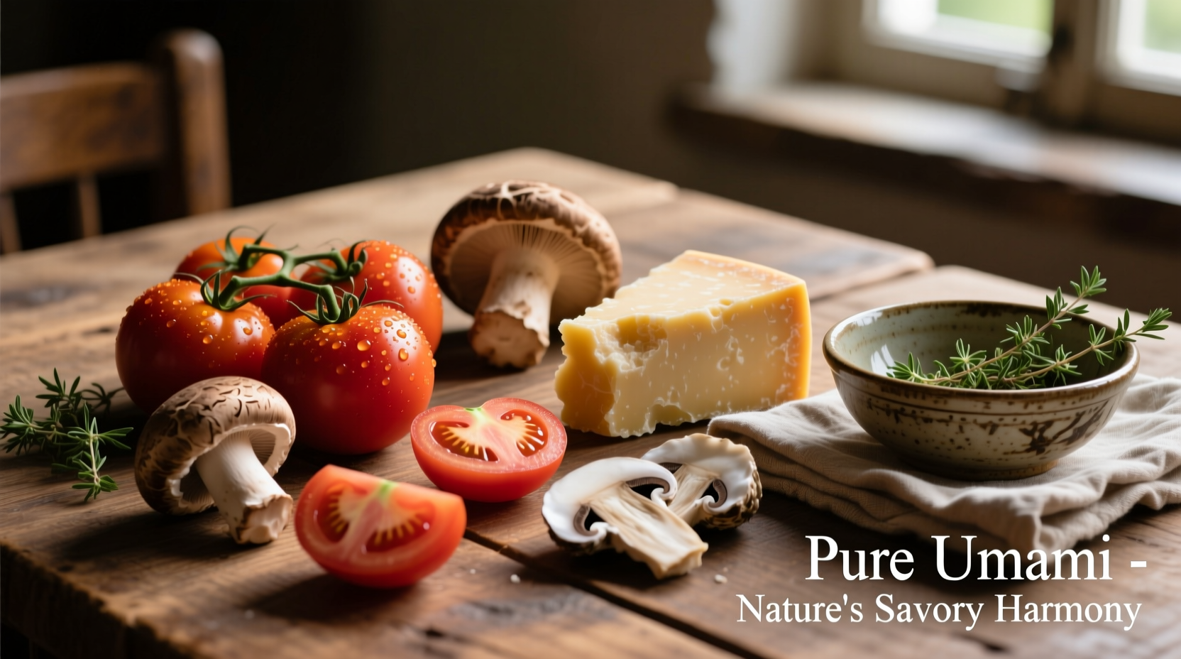 Natural umami foods with tomatoes, mushrooms and cheese