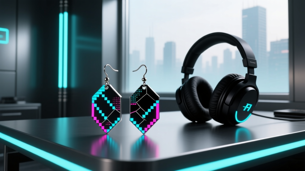 Matte black anodized aluminum glitch-art dangle earrings resting on an LED desk beside a dark gaming headset in a cyberpunk setup