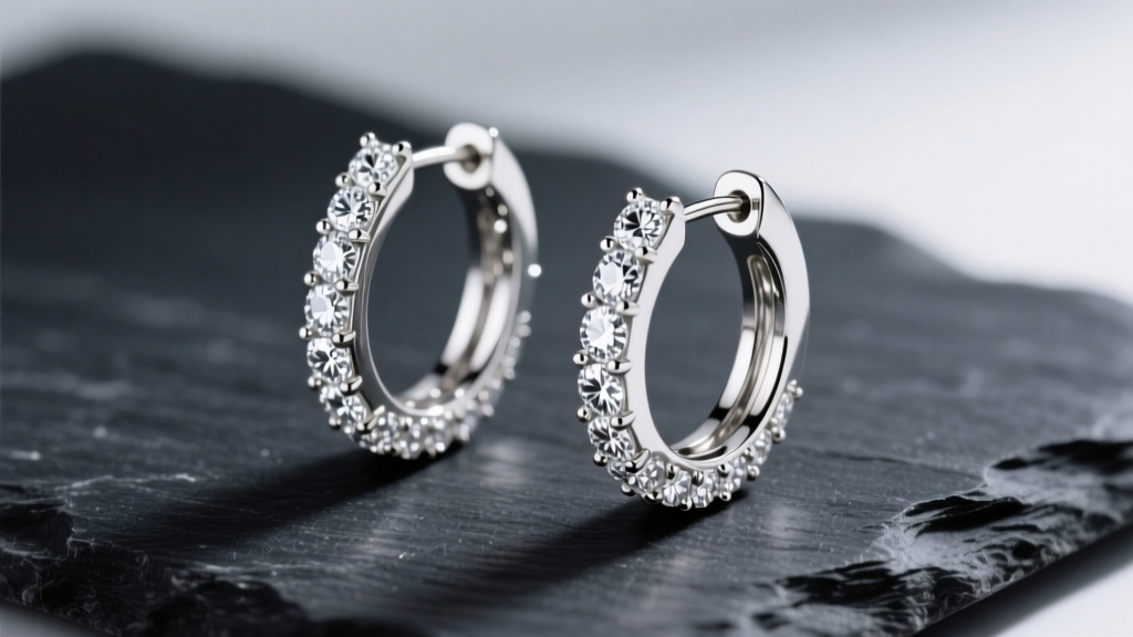 Close-up of 18k white gold diamond hoop earrings with shared-prong melee stones resting on dark slate under soft studio lighting.