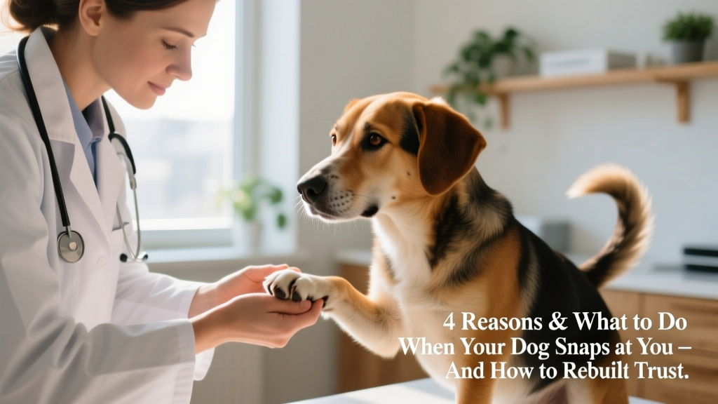 Veterinarian gently examining a dog’s front paw while the dog watches calmly, illustrating compassionate, low-stress handling