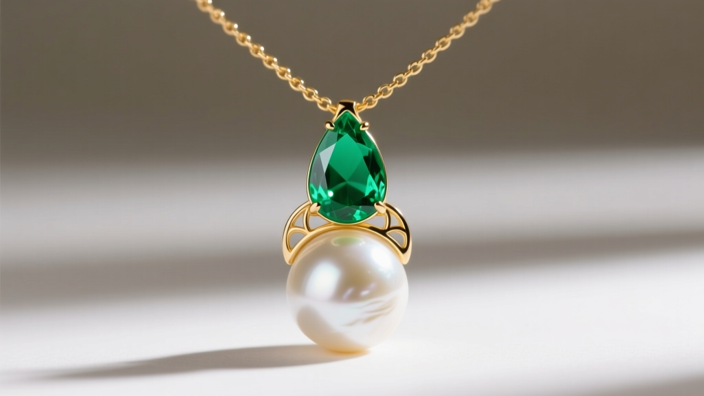 Close-up of an 18k gold emerald pearl necklace with a pear-cut Colombian emerald suspended from a white baroque South Sea pearl.