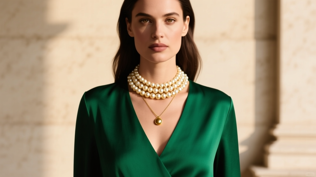 Woman wearing a V-neck emerald blouse layered with a 16-inch gold pearl choker and an 18-inch plain gold pendant in soft light.