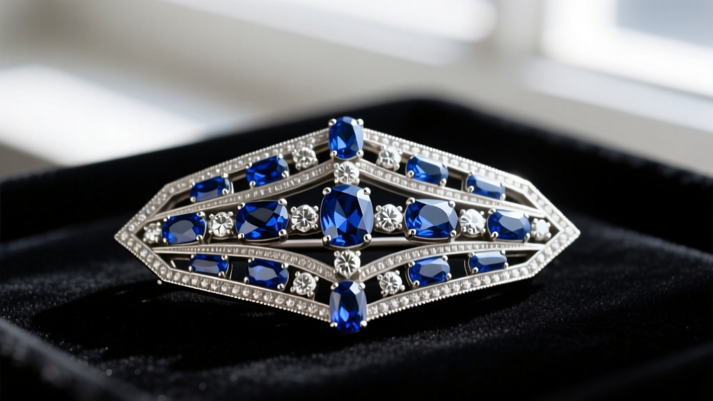 Close-up of a pristine 1920s platinum Art Deco brooch with calibré-cut sapphires and old European diamonds resting on dark velvet