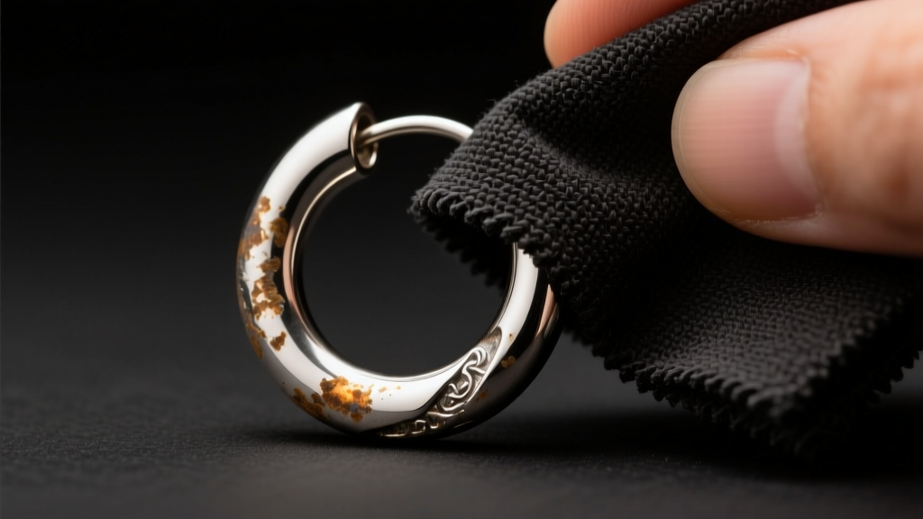 Macro shot of a tarnished silver huggie earring being polished with a dark microfiber cloth under warm focused studio lighting