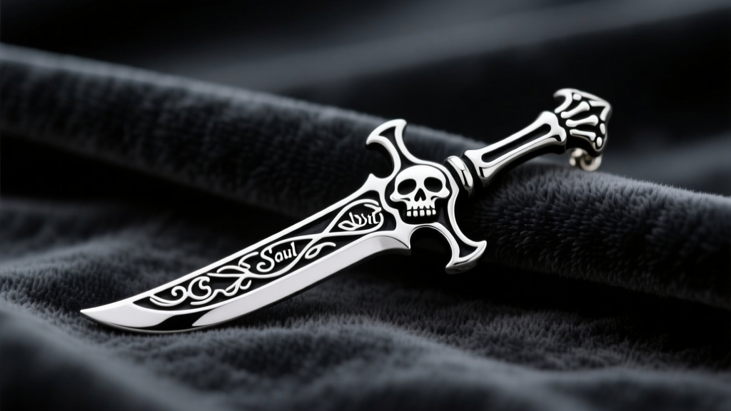 Close-up of a custom sterling silver Soul Eater Death Scythe pendant with black hard enamel accents resting on dark velvet cloth