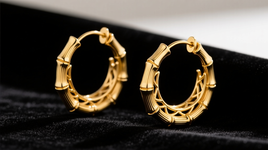 Close-up of 18-karat yellow gold Trinidad creole hoop earrings with bamboo texture and filigree detailing resting on dark velvet