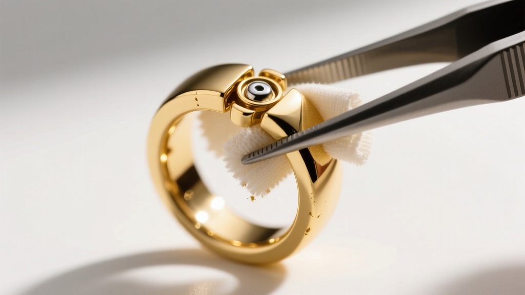 A 14k gold hinged septum ring held by tweezers, with a microfiber cloth wiping buildup from the hidden hinge mechanism joint.