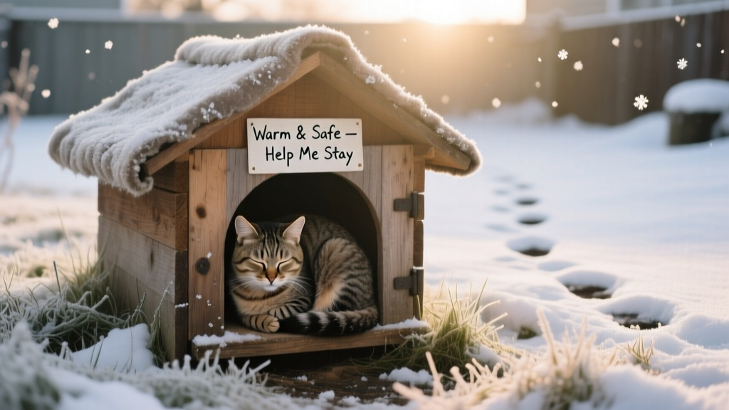 A stray cat curled up in a snowy yard near a small insulated shelter
