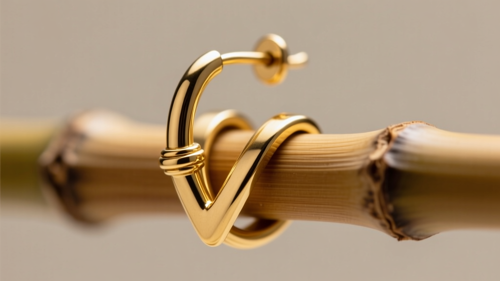 Macro photo of a 12mm bamboo node gold hoop earring hinge, showing the interlocking V-latch and a soldered barrel joint detail