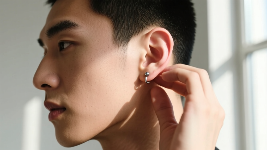 Person examining their ear cartilage piercing with clean hands, bright natural window light highlighting the ear shape and skin.