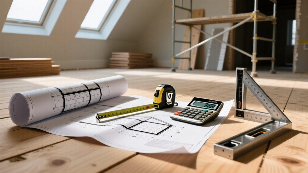 Blueprints spread on a plywood subfloor next to a measuring tape, calculator, and framing square at a residential build
