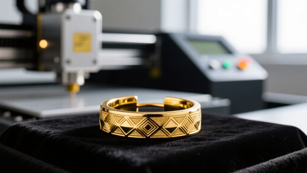 Macro shot of a 14k yellow gold hoop earring on dark velvet, with a fiber laser engraving machine blurred in the background.