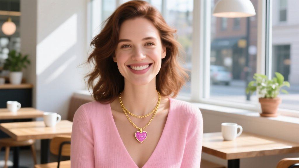 Woman wearing a pink Betsey Johnson heart necklace layered with a thin gold chain, smiling in a sunlit cafe with soft light.