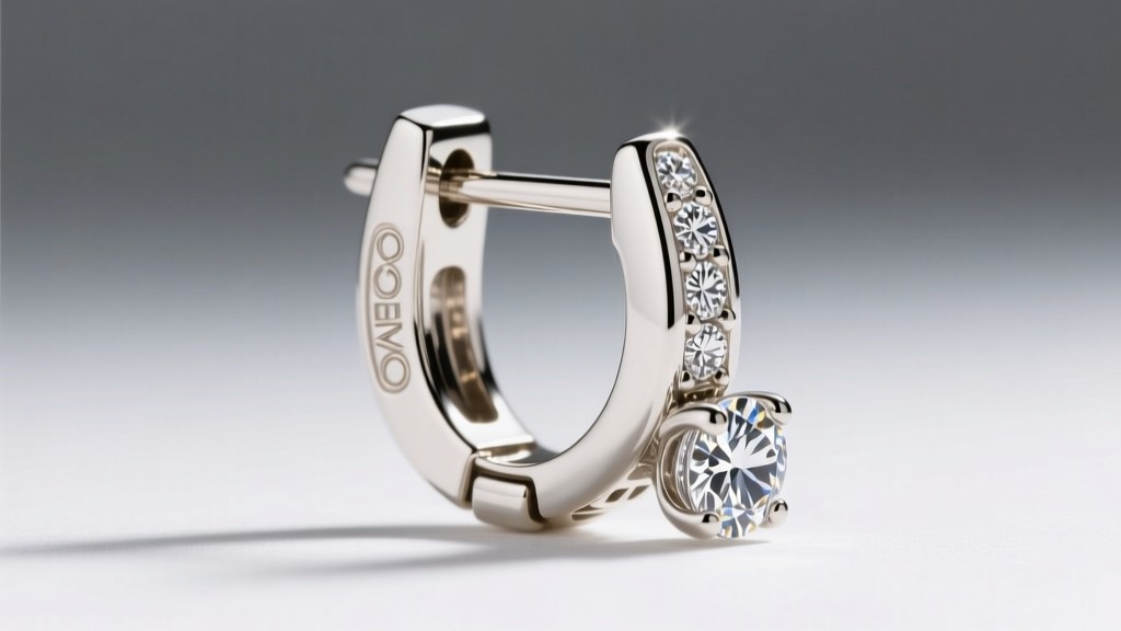Detailed view of an 18k white gold omega clip earring back with a wide paddle hinge, designed to support heavy diamond drops.