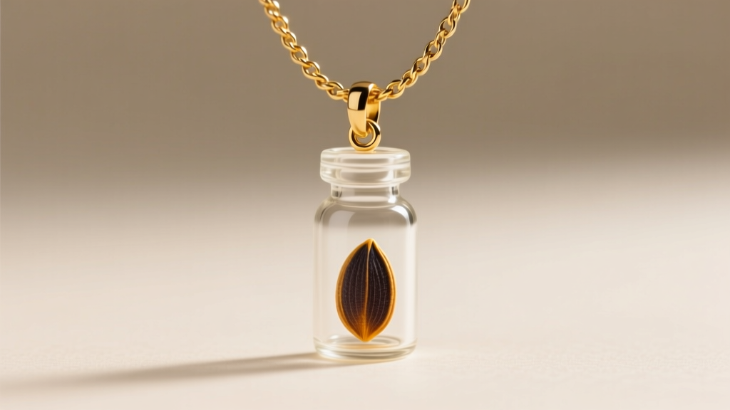 Macro shot of a 12mm borosilicate glass vial pendant with a single dark mustard seed on a delicate 14k gold-filled cable chain.