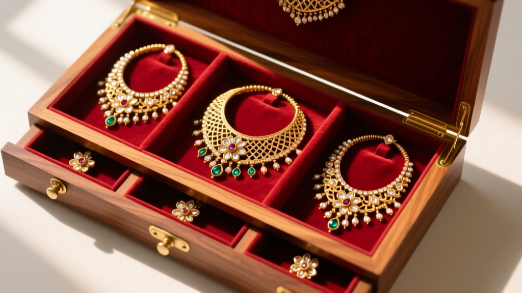 Top-down view of an open wooden Indian jewelry organizer with red velvet drawers holding heavy gold Kundan necklaces