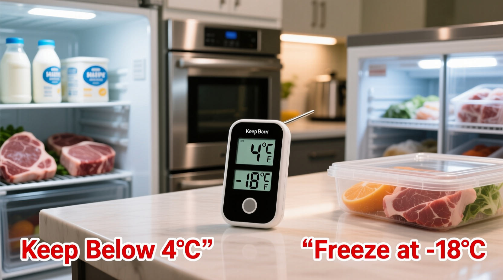 Proper food storage temperatures with thermometer