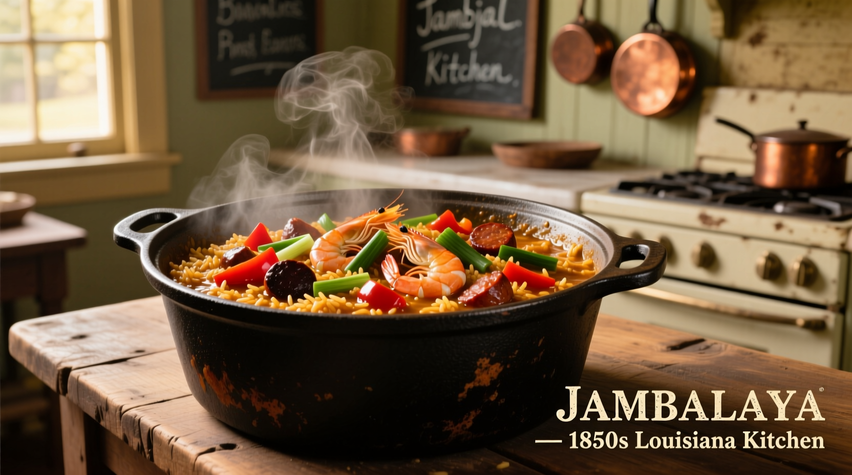 Cast iron pot with sizzling jambalaya ingredients