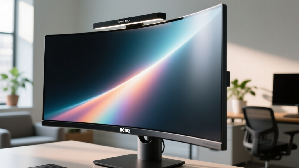 Side profile of BenQ ScreenBar Halo on curved ultrawide monitor showing asymmetric light projection without screen glare