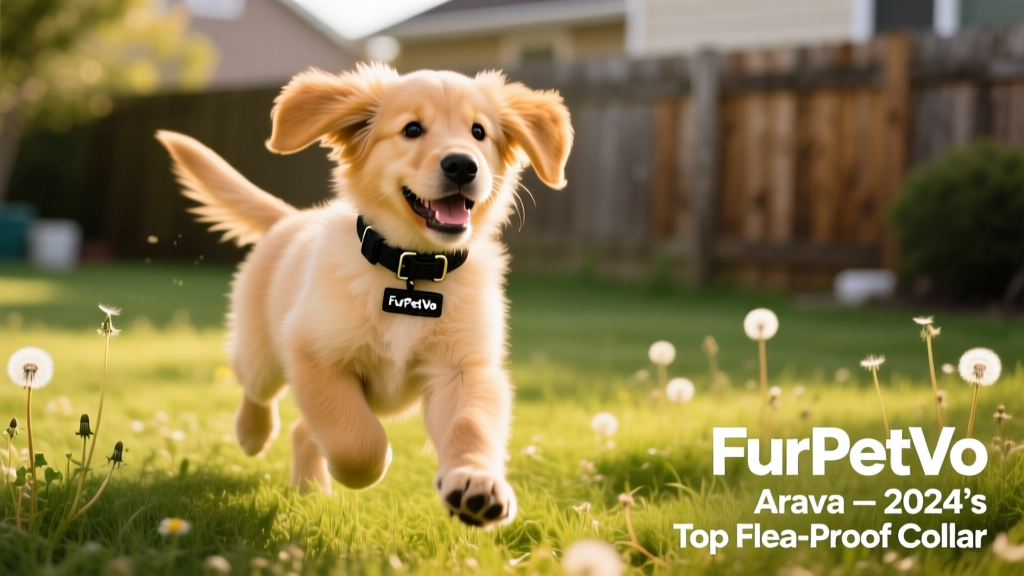 A happy, fluffy puppy playing outdoors with a visible FurPetVo Arava collar on her neck, showing natural movement and comfort